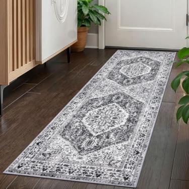 Imagem de KOZYFLY Corredores para corredores de 6 x 1,5 m lavável tapete de corredor de cozinha boho para entrada interior impresso tapete de lã sintética para lavanderia cozinha hall, cinza