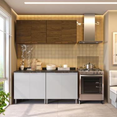 Imagem de Cozinha Compacta Rubi 4 Portas, Balcão Duplo 160 Cm Bartira Branco, Marrom E Bege