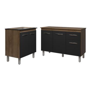 Imagem de Balcão Para Cooktop 5 Bocas Fran E Armário Aline 118 Cm Cozinha Gabinete Preto Com Tampo Tampão