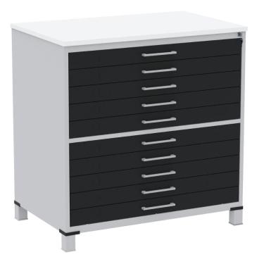 Imagem de Mapoteca 10 Gavetas Pandin 120 Cm (larg) Inmetro Tampo Mdp Branco Estrutura Aço Cinza Gavetas Pretas