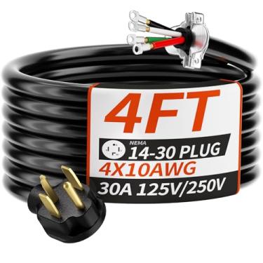 Imagem de PlugSaf Cabo De Secadora 4 Pés, 30 A, Preto, Calibre 10/4, Extensão Para Serviço Pesado, Nema 14-30P Alimentação Fios Aparelhos