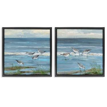 Imagem de Stupell Industries Beach Shore com Sandpipers & Grasses 2 peças preto emoldurado conjunto de tela flutuante design por Sally Swatland, 25 x 25