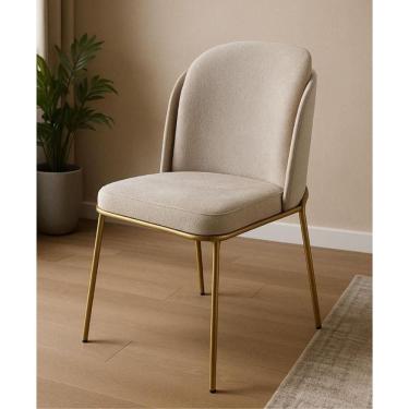 Imagem de Cadeira Estofada Com Encosto Curvo E Base Em Aço Carbono – Luna Exclusiva Linho Lincoln Bege - Dourado Automotivo