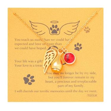 Imagem de TGOLM Colar de urna animal de estimação para presente de simpatia por perda de animais de estimação para cinzas, pingente de asa de anjo, pedra do mês de nascimento, joia de lembrança de cremação para