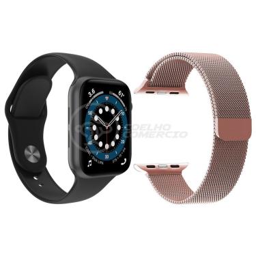 Imagem de Kit 1 Smartwatch W46 S Preto + 1 Pulseira Extra Rosa