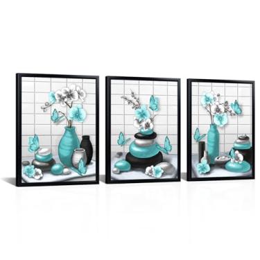 Imagem de RnnJoile Arte de parede Zen banheiro preto branco e azul-petróleo impressões tela flor orquídea pedra zen moderna decoração de banheiro moldura preta 30 x 40 cm cada peça