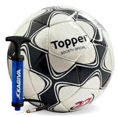 Imagem de Kit Bola de Futebol Society Topper Slick 22 Oficial 32 Gomos PVC Macia Durável Resistente Campo Grama Sintética Adulto Juvenil Treino E Jogo + Bomba Ar Dupla Ação Inflador Rápido Enchedor Bombinha
