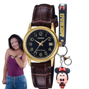 Imagem de Relógio de Pulso Casio Collection Feminino Classico Analógico Pequeno Pulseira Couro Casual Dourado LTP-V002GL-1BUDF + Chaveiro