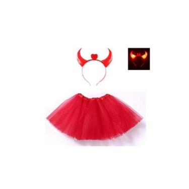 Imagem de Fantasia diabinha saia e tiara chifre led vermelha halloween - MC PRES