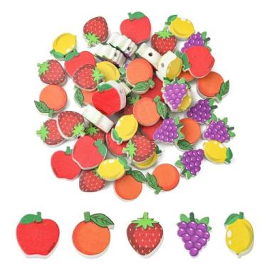 Imagem de DanLingJewelry 50 peças, 5 estilos, contas de madeira de frutas de verão, morango, limão, em forma de maçã, contas de madeira para casa de fazenda para joias DIY e colares de guirlanda
