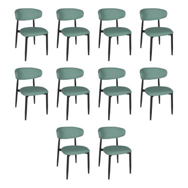 Imagem de Kit 10 Cadeiras De Jantar Lucy Estrutura Aço Carbono Laminado Preto Com Estofado Linho Verde