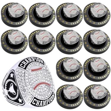 Imagem de 12 peças anel de beisebol softbol beisebol campeonato anel esporte bola troféu prêmio presente com corrente de pescoço de exibição e suporte para campeão de torneio ou campeão da liga (12 peças de