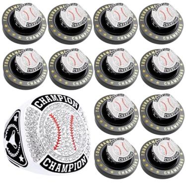Imagem de daijbling Anel de campeonato de beisebol, 12 peças, anel de softball, bola esportiva, troféu, presente com corrente de pescoço e suporte para vencedor do torneio ou campeão da liga (12 peças de anéis