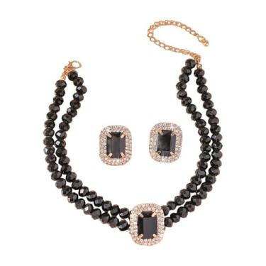 Imagem de Dtja Conjunto de colar e brinco de gargantilha retangular de cristal com 2 peças, joia de declaração para mulheres, brincos de zircônia cúbica para fantasia de baile de casamento, 38 cm, 5 cores