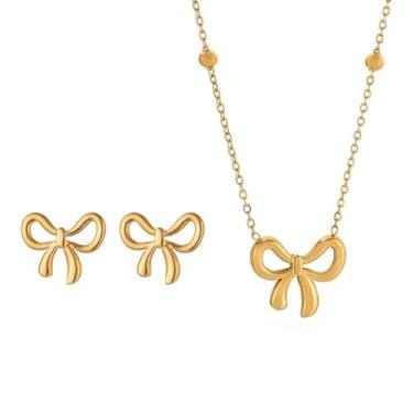 Imagem de Siddhatva Colar com laço de ouro para mulheres, banhado a ouro 14 k, não mancha, simples, hipoalergênico, moderno, corrente de laço, conjunto de brincos, joias