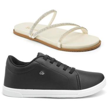 Imagem de Kit Feminino Tênis Casual Calce Fácil + Sandália Rasteira com Pedraria