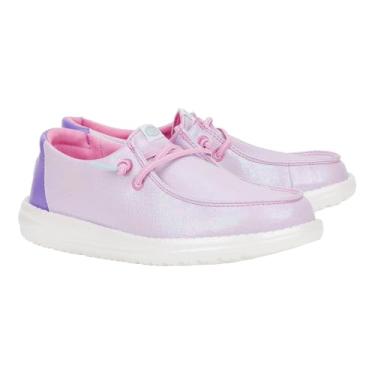 Imagem de Hey Dude Wendy Iridescent Sparkle infantil (criança pequena/criança grande) - Mocassins para crianças - Cabedal de lona - Forro de algodão, Roxa, 1 Little Kid
