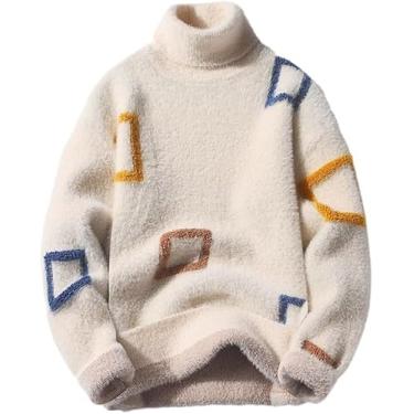 Imagem de Suéter De Gola Alta Para Homens - Suéter Quente Para Homens Suéter De Pelúcia Manga Longa Pulôveres Suéter De Malha Fleece Peludo Casual Padrão De Chevron Colorido, White, 3XL