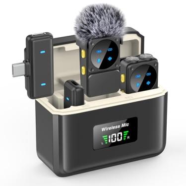 Imagem de Mini microfone de lapela sem fio para iPhone iPad Android com plugue Lightning/USB-C, microfone de lapela com redução de ruído de tempo de trabalho 80H para gravação, microfone Omni Lav com clipe para