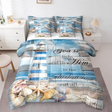 Imagem de jejeloiu Conjunto de edredom com tema de praia, solteiro, 7 peças, verão, oceano, estrela-do-mar, estampa de concha do mar, retrô, vintage, para decoração de quarto