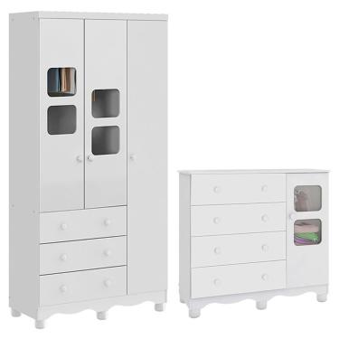 Imagem de Jogo De Quarto Infantil Uli Guarda Roupa 3 Portas E Cômoda Branco Brilho - Móveis Peroba