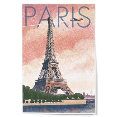 Imagem de Lantern Press Decoração de parede com impressão artística de 30 x 45 cm, Paris, França, litografia, Torre Eiffel e rio