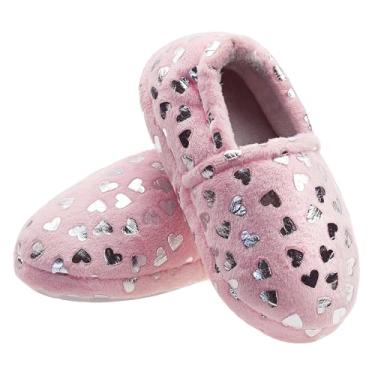 Imagem de LULEX Pantufas femininas fofas de fleece para o coração antiderrapantes para uso doméstico, Light Pink, 4 Big Kid