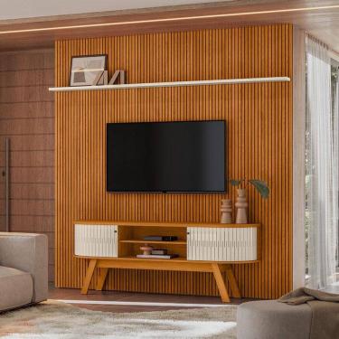 Imagem de Painel Piso Teto New Guaporé com Rack Bancada Valência New Laguna Ambiente Cinamomo Off White - Madetec