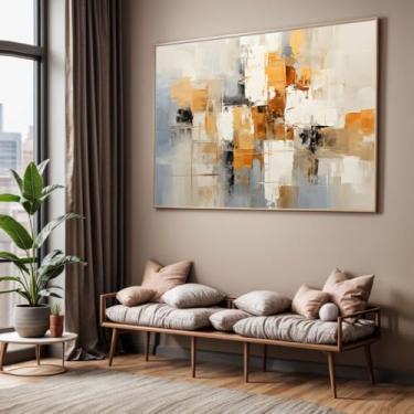 Imagem de Quadro com Moldura Sala Quarto Pintura Arte Abstrato Bege Branco Marrom Dourado Decorativo Horizontal Grande Hall