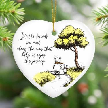 Imagem de Ornamento de cerâmica com citação de amigos emocionantes - Ursos andando na cena da natureza, lembrança pendurada em forma de coração, presente de amizade sentimental