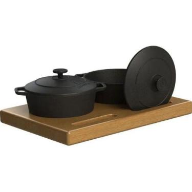 Imagem de Par Panelinhas Ferro Porção Restaurante e Aparador Madeira - LIBANEZA