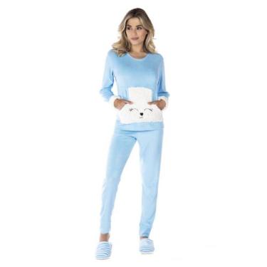 Imagem de Pijama Feminino Longo Adulto Plush Quente Inverno Victory, Azul, GG