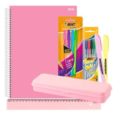Imagem de Caderno Espiral 1m Capa Dura 80 folhas Rosa ou Lilás Pastel + Kit Esco