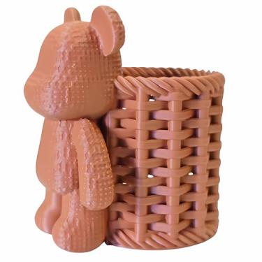 Imagem de HAMLLJTOGEFR Suporte de caneta PLA ecológico com urso fofo - organizador de mesa de design de tecido, copo marrom para utensílios de escrita (10 x 11 cm)
