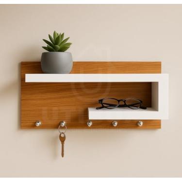 Imagem de Porta Chaves de MDF com Prateleiras e Ganchos (freijo branco)