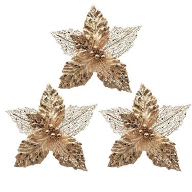 Imagem de Kit 3 Flores Bico de Papagaio Pick Natal Vazado Veludo Champanhe Luxo Glitter e Lantejoulas 22cm