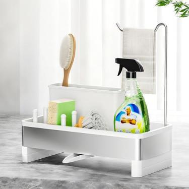 Imagem de Ewaiira Organizador de pia de aço inoxidável, suporte de esponja para pia de cozinha com suporte de escova e suporte de pano de louça, bancada organizadora de pia à prova de ferrugem, itens essenciais