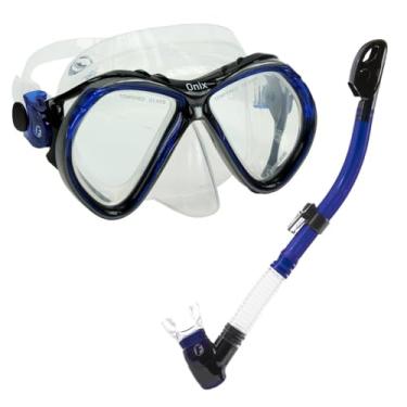 Imagem de Fun Dive Máscara Onix com Snorkel SK-Dry, Silicone Premium, Vidro Temperado, Preto, Sistema Dry Top, para Mergulho e Apneia (Transp/Azul)