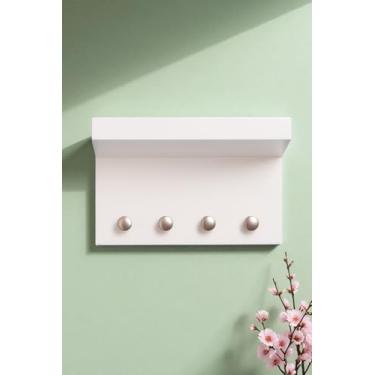 Imagem de Porta Chaves de Parede Mini MDF Branco com Prateleira – 4 Pinos Metálicos – Organizador Decorativo para Chaves e Acessórios 15x9,5x6