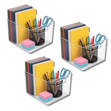 Imagem de Kit com 3 Organizadores Multiuso com alça, pequeno Quadrado 15x15cm, em Acrílico Transparente | Caixa Organizadora para Cozinha, Escritório, Banheiro, Despensa, Escritório e Material escolar