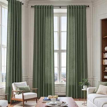 Imagem de Cortina extralonga de 128 polegadas para janela alta do chão ao teto, cortinas traseiras de linho verde-oliva para sala de estar, cortinas semitransparentes, semitransparentes, modernas, 52 x 128, 2