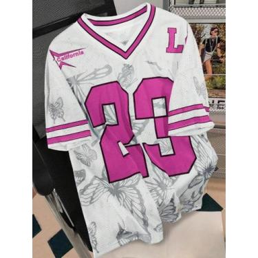 Imagem de Camiseta Feminina De Verão Com Estampa De Borboleta, Decote Em V, Mang