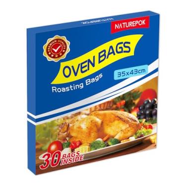 Imagem de 30 unidades de sacos para assar no forno com laços — Sacos de cozinha resistentes ao calor de 43 x 35 cm para frango, peru, carne e peixe — Sacos de forno multiusos seguros para alimentos para assar