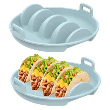 Imagem de 2 peças de placa de taco de silicone, suporte de concha de taco de fácil acesso com alça anti-queimadura, prato de servir de tortilha com divisórias, fácil de mover para festa (azul)