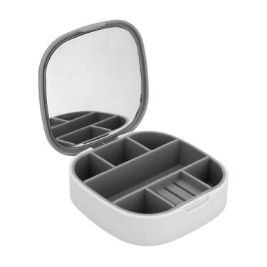 Imagem de Espelho de Bolsa com Estojo Porta Joias Compacto Organizador de Anéis, Brincos, Colares e Batom – Case Portátil de Viagem, Espelho Facial (Cinza)