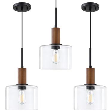 Imagem de Pacote com 3 1 luminária pendurada ilha de cozinha pendente 18,5 cm vidro transparente interior madeira natural pingente luminárias de teto, acabamento preto moderno casa de fazenda jantar sobre pia