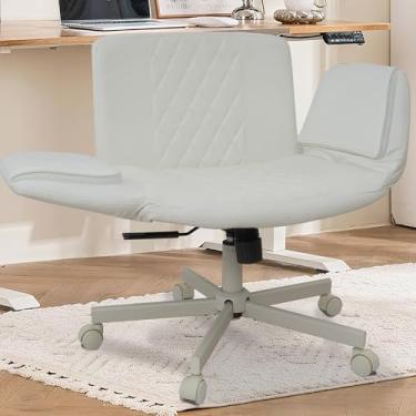 Imagem de Azaeahom Cadeira de escritório ampla, cadeira cruzada com apoios de braço ajustáveis, cadeiras giratórias de couro PU para escritório, escritório, quarto de cama (branca)