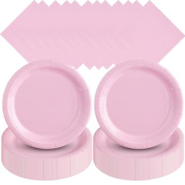 Imagem de Zhehao 120 peças de pratos de papel descartáveis e guardanapos decorações de festa de aniversário de 18 cm pratos descartáveis para chá de bebê suprimentos de festa de casamento (rosa claro)