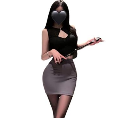Imagem de QNCLO Saia feminina sexy que abraça o quadril, cosplay, uniforme de secretária, uniforme OL, sedução, boate, professora, roupa íntima, Preto, Tamanho Único