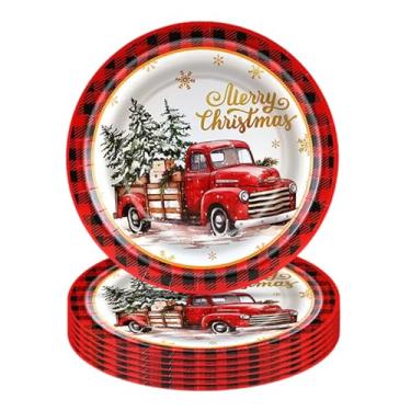 Imagem de Pratos de papel de Feliz Natal descartáveis árvores de Natal caminhão vermelho preto borda xadrez design rústico 23 centímetros pratos redondos para decoração de mesa de festa de reunião de Natal